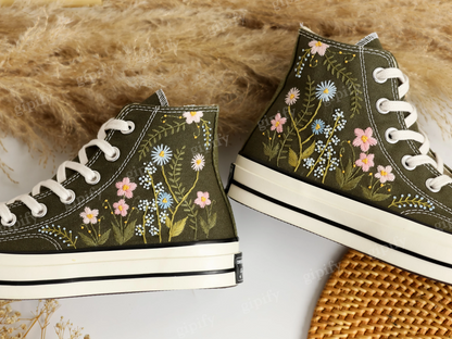 Custom Embroidered Converse High Tops, Garden Flowers Embroidered Shoes, Daisy Embroidered Wedding Sneakers, Personalized Bridal Sneaker