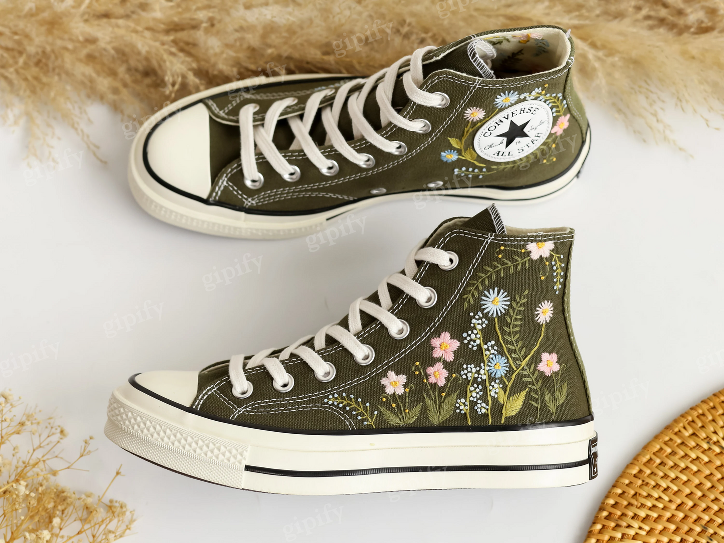 Custom Embroidered Converse High Tops, Garden Flowers Embroidered Shoes, Daisy Embroidered Wedding Sneakers, Personalized Bridal Sneaker