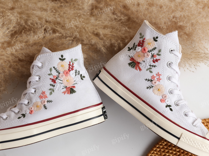 Wedding Converse High Tops, Bridal Wedding Bouquet Embroidered Shoes Taylor 1970 Custom, Wedding Flowers Embroidered Sneaker, Wedding Gifts