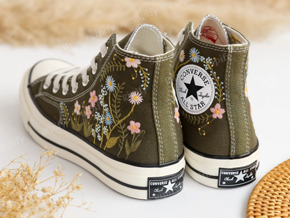 Custom Embroidered Converse High Tops, Garden Flowers Embroidered Shoes, Daisy Embroidered Wedding Sneakers, Personalized Bridal Sneaker