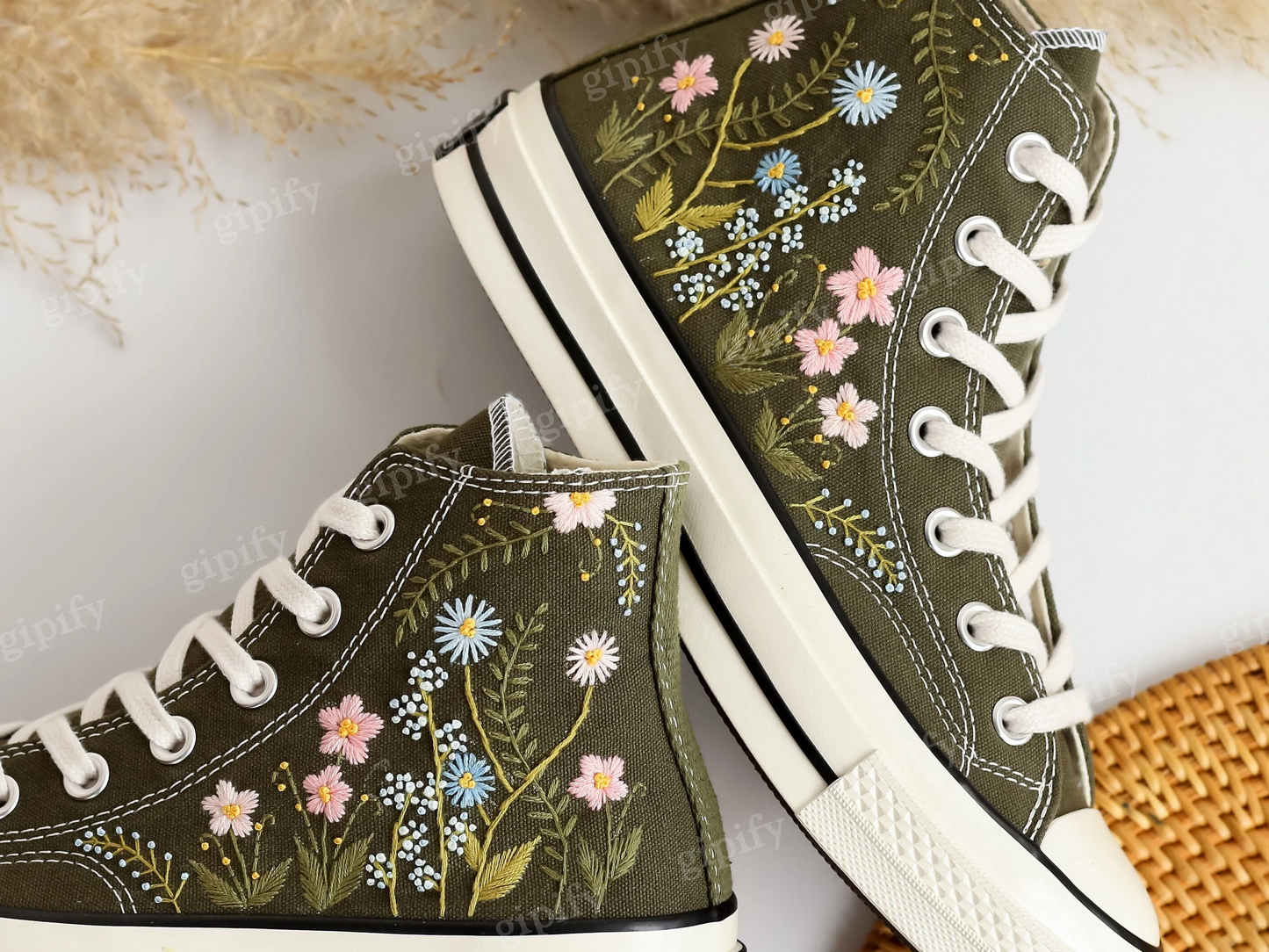 Custom Embroidered Converse High Tops, Garden Flowers Embroidered Shoes, Daisy Embroidered Wedding Sneakers, Personalized Bridal Sneaker