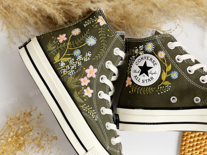 Custom Embroidered Converse High Tops, Garden Flowers Embroidered Shoes, Daisy Embroidered Wedding Sneakers, Personalized Bridal Sneaker