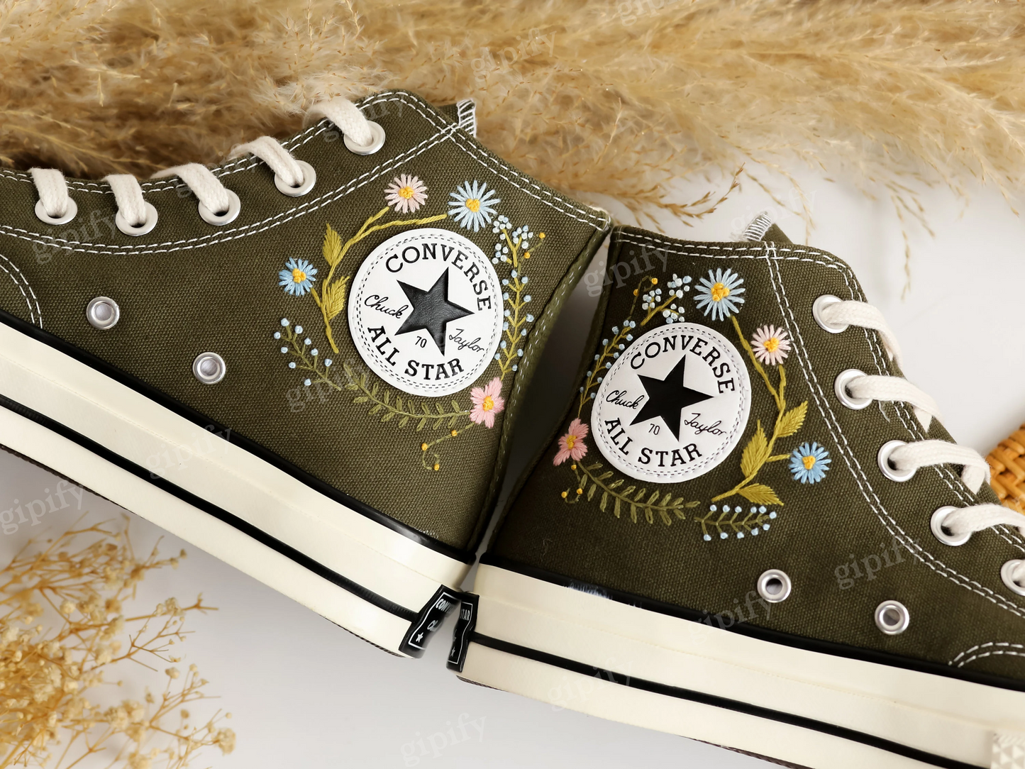 Custom Embroidered Converse High Tops, Garden Flowers Embroidered Shoes, Daisy Embroidered Wedding Sneakers, Personalized Bridal Sneaker