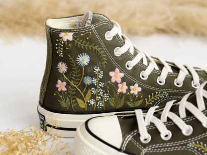 Custom Embroidered Converse High Tops, Garden Flowers Embroidered Shoes, Daisy Embroidered Wedding Sneakers, Personalized Bridal Sneaker