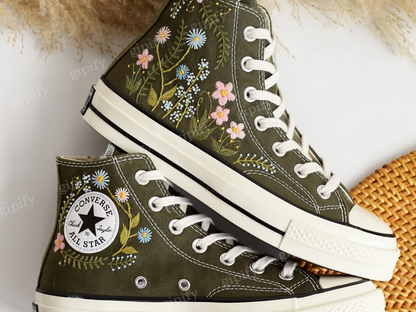 Custom Embroidered Converse High Tops, Garden Flowers Embroidered Shoes, Daisy Embroidered Wedding Sneakers, Personalized Bridal Sneaker