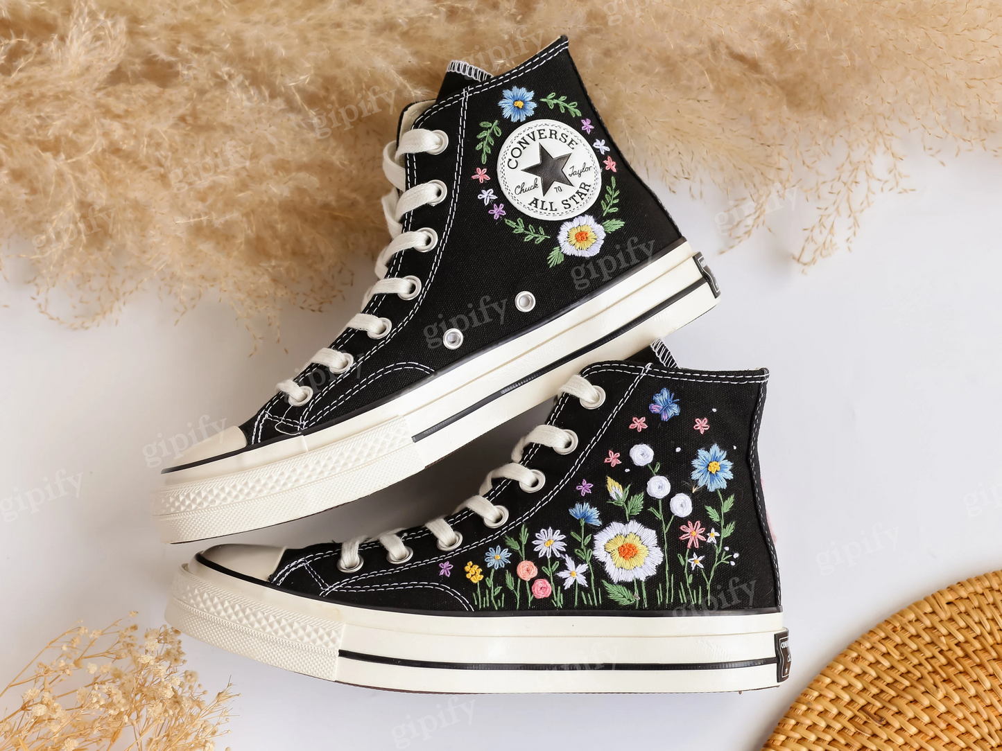 Embroidered Converse, Custom Converse Embroidered White Daisies and With Blue And Butterflies, Custom Converse High Top Chuck Taylor 1970s