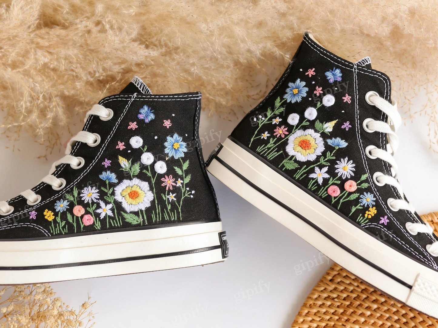 Embroidered Converse, Custom Converse Embroidered White Daisies and With Blue And Butterflies, Custom Converse High Top Chuck Taylor 1970s