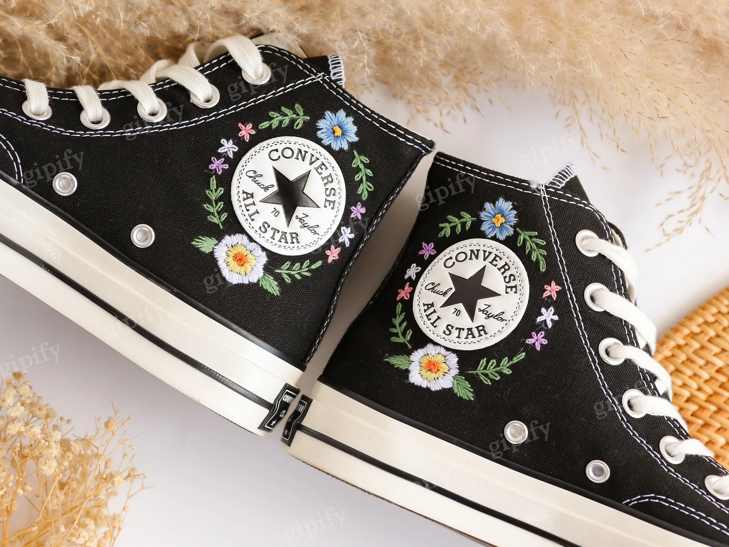 Embroidered Converse, Custom Converse Embroidered White Daisies and With Blue And Butterflies, Custom Converse High Top Chuck Taylor 1970s