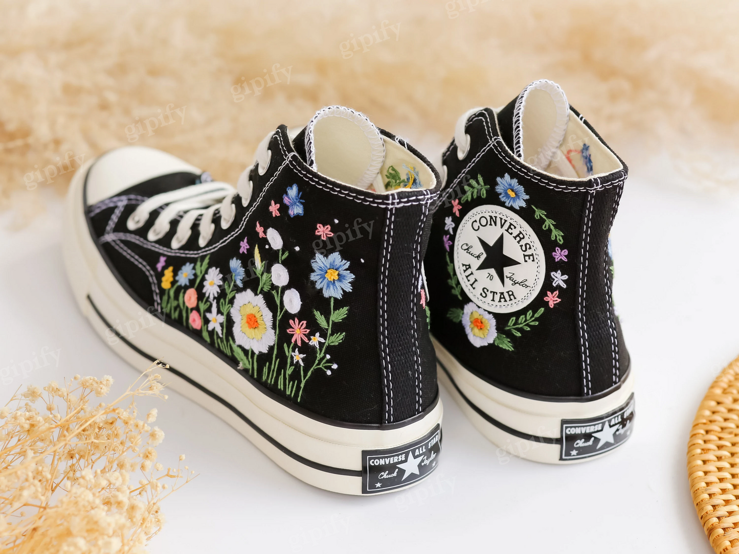 Embroidered Converse, Custom Converse Embroidered White Daisies and With Blue And Butterflies, Custom Converse High Top Chuck Taylor 1970s