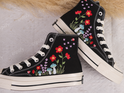 Embroidered Converse/Custom Converse Embroidered Blue Mushrooms and Red Flowers/Mushrooms Embroidered Shoes/Mushrooms Embroidered Sneaker