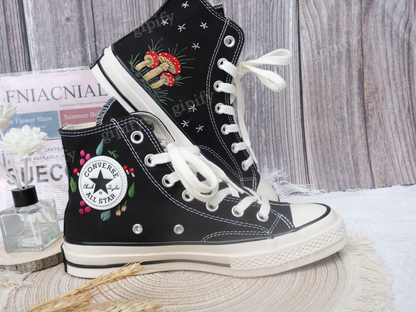 Midnight Mushroom Converse Custom | Mushroom and Floral Embroidery Converse | Embroidered Converse 1970s | Floral Custom converse high tops