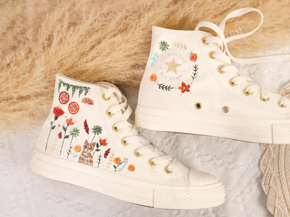 Custom Embroidered Converse Chuck Taylor All Star Shoes/Cat and Flower/1989 Embroidered Sneaker/Flower Embroidery Shoes/Handmade Gifts