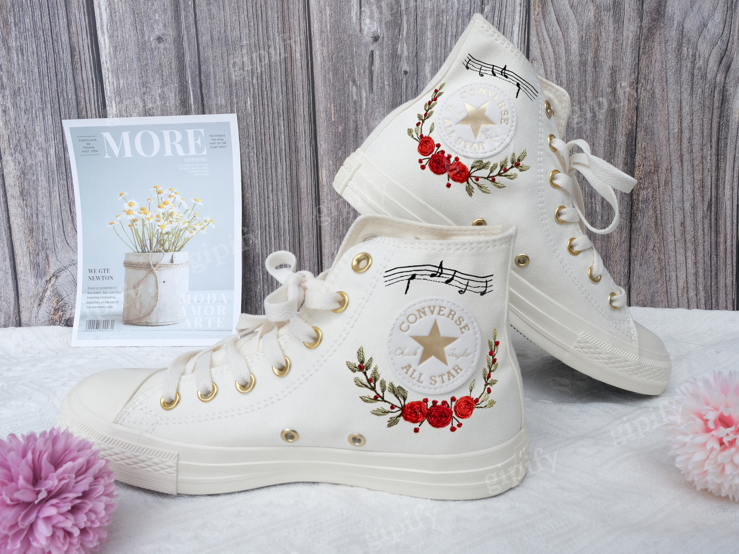 Custom Embroidered Converse Chuck Taylor All Star Shoes, Cat and Flower, 1989 Embroidered Sneaker, Flower Embroidery Shoes, Handmade Gifts