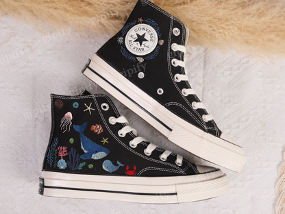 Custom Embroidered Converse High Tops/ Custom Converse Chuck Taylor 1970s Blue Whale Embroidered Shoes/ Ocean Vibes Embroidered