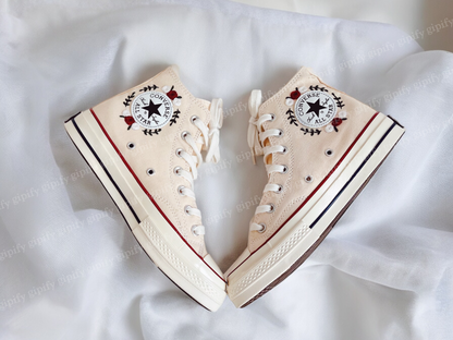 Custom Converse High Tops Embroidered Floral, Flower Embroidered Shoes Women, Wedding Flowers Embroidered Converse Custom, Wedding Shoes