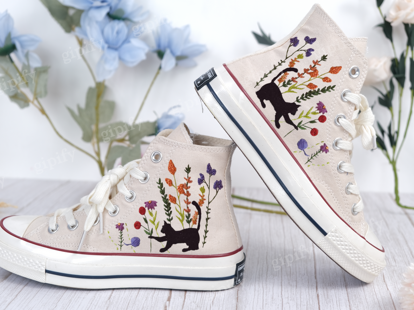 Custom Embroidered Converse Chuck Taylor All Star Shoes/Cat and Flower/1989 Embroidered Sneaker/Flower Embroidery Shoes/Handmade Gifts