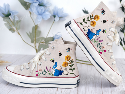 Neighbor Totoro Embroidered Converse/Converse Flower Embroidery/Custom Embroidery Converse High Tops/Embroidered Converse Chu and Chibi