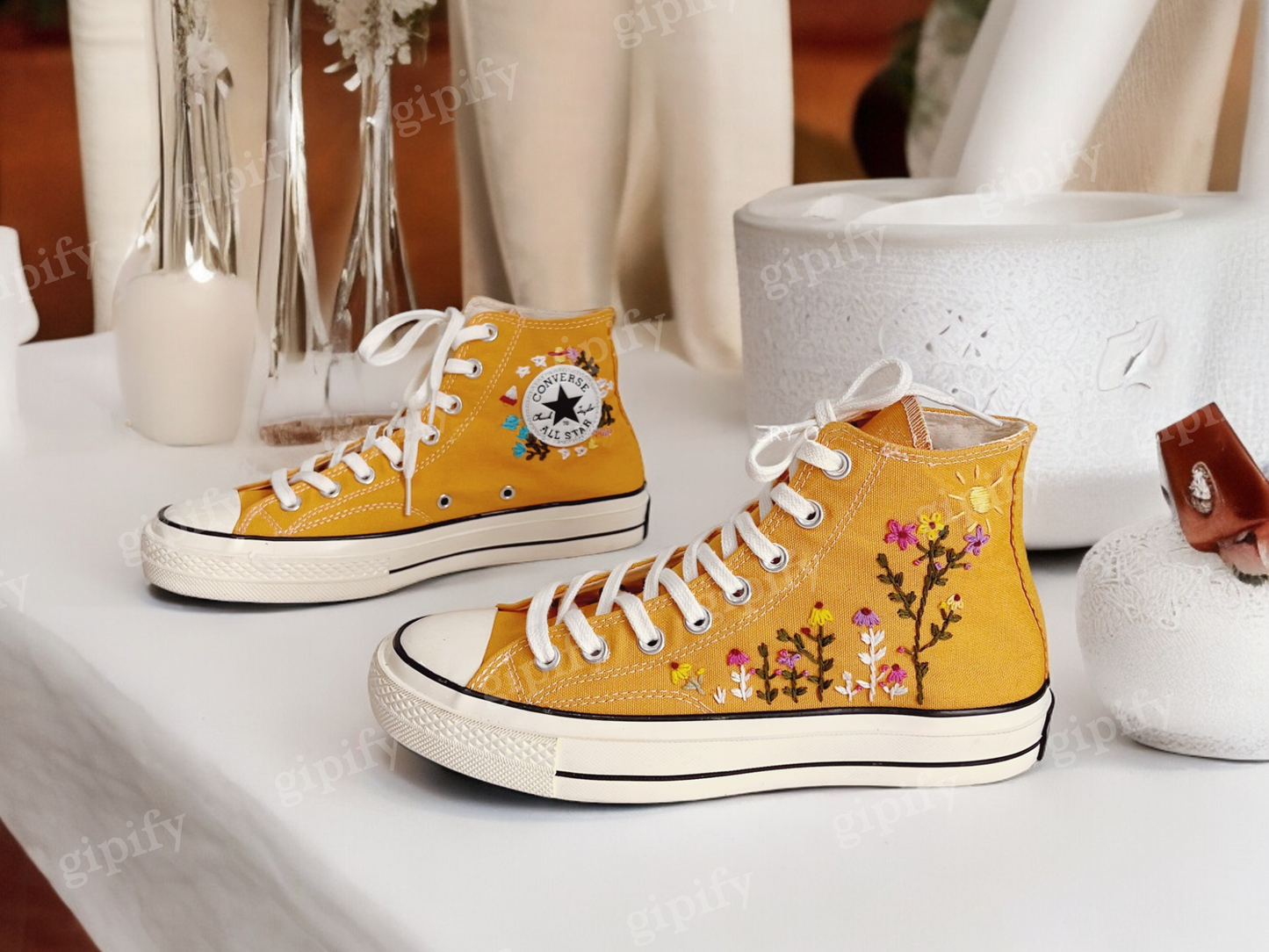 Embroidered Converse High Tops, Custom Converse High Top Embroidered ,  Converse Embroidered With Flower Garden, Handmade Gift