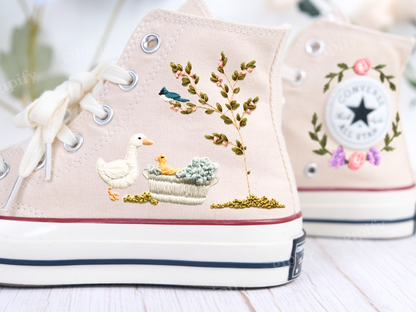 Custom Converse Wedding Sneakers/ duck + Flowers Embroidered Shoes/ Bridal Flowers + Pet Embroidered Sneakers/ Personalized Bride Shoes