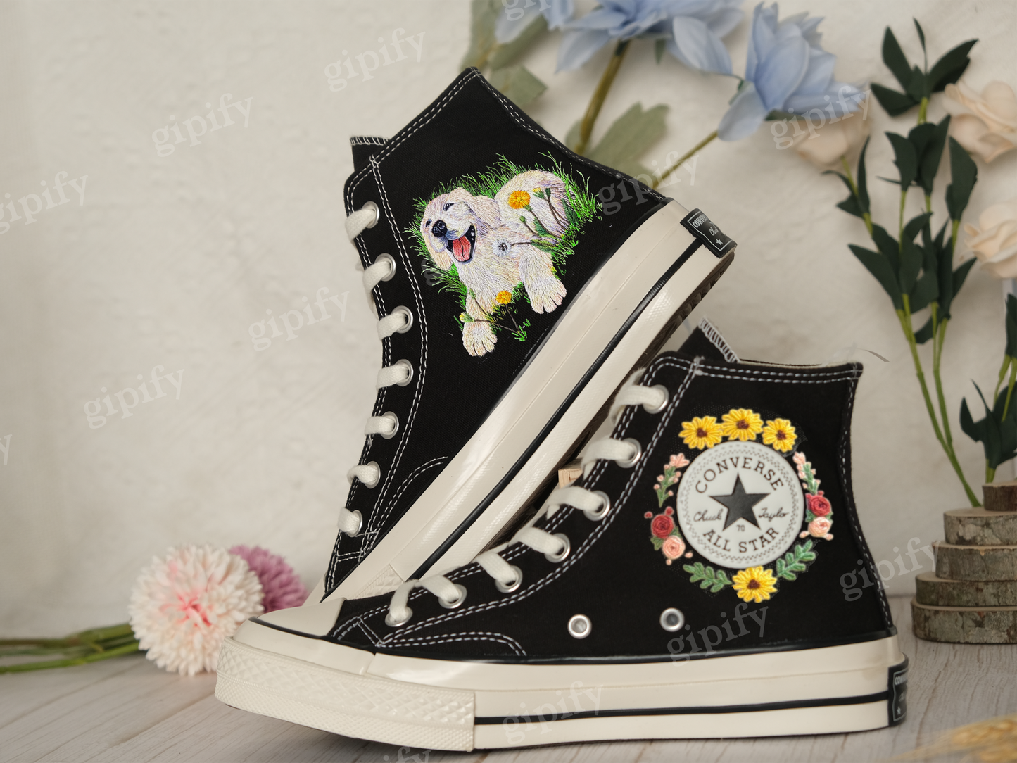 Embroidered converse/ Converse Custom Dogs and Butterflies Embroidery / Flower Converse Shoes/ Custom Converse Chuck Taylor 1970s/Gift Her