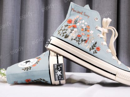 Custom Embroidered Wedding Converse High Tops, Wedding Flowers Embroidered Shoes, Bridal Flowers Embroidered Sneakers, Personalized Sneaker