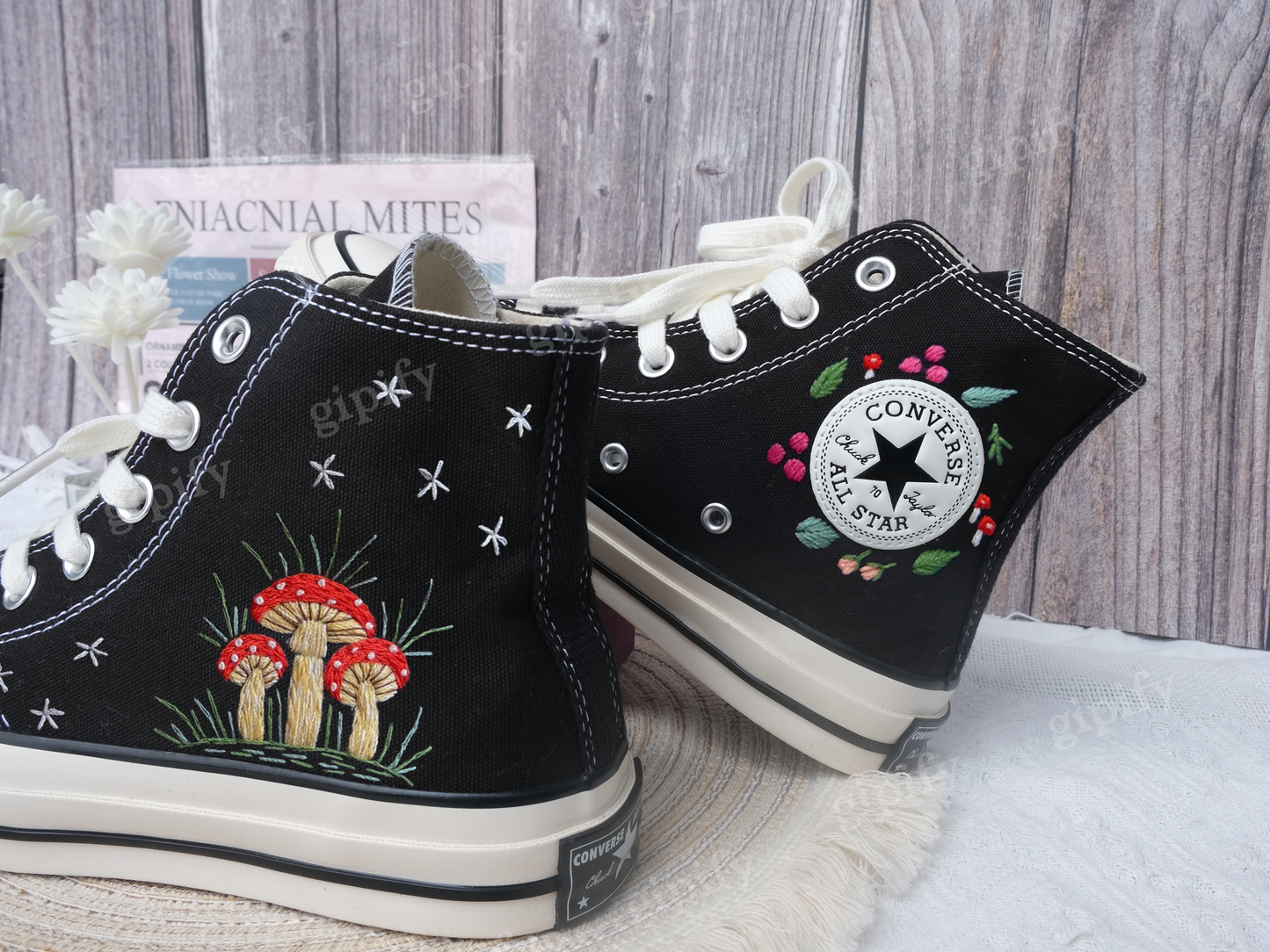 Midnight Mushroom Converse Custom | Mushroom and Floral Embroidery Converse | Embroidered Converse 1970s | Floral Custom converse high tops