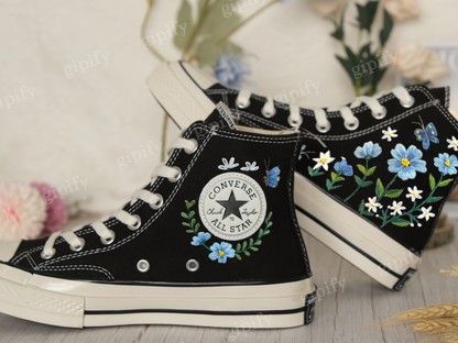 Embroidered Converse/Custom Converse High Top Chuck Taylor 1970s/Converse Embroidered With Blue And White Daisies And Monarch Butterflies