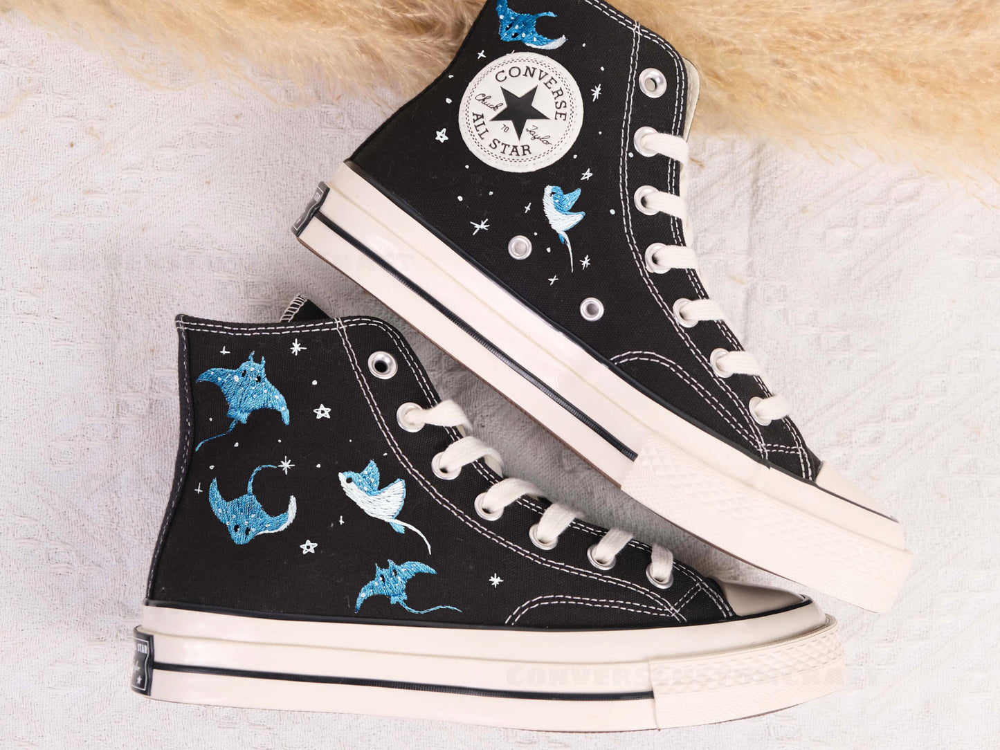 Custom Embroidered Converse High Tops, Custom Converse Chuck Taylor 1970s Manta Ray Embroidered, Ocean Embroidered Shoes Custom, C218LT