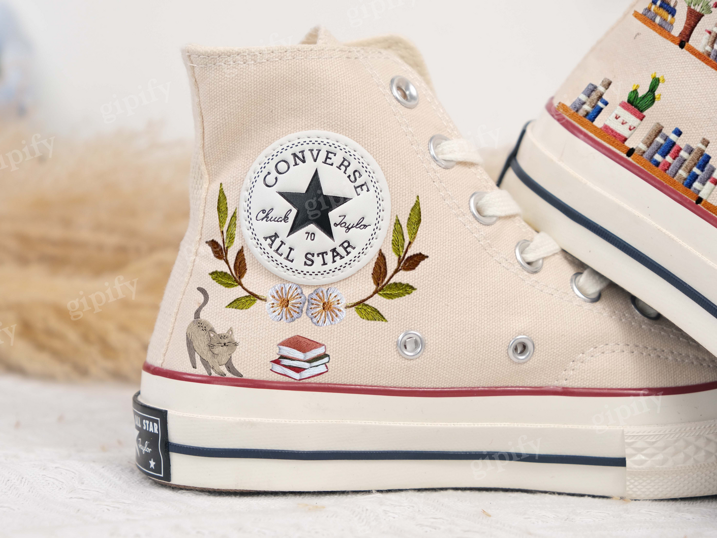 High-top Converse shoes with custom embroidered bookshelf/Embroidered Converse/Wedding Converse shoes/Embroidered pet cat and bookshelf