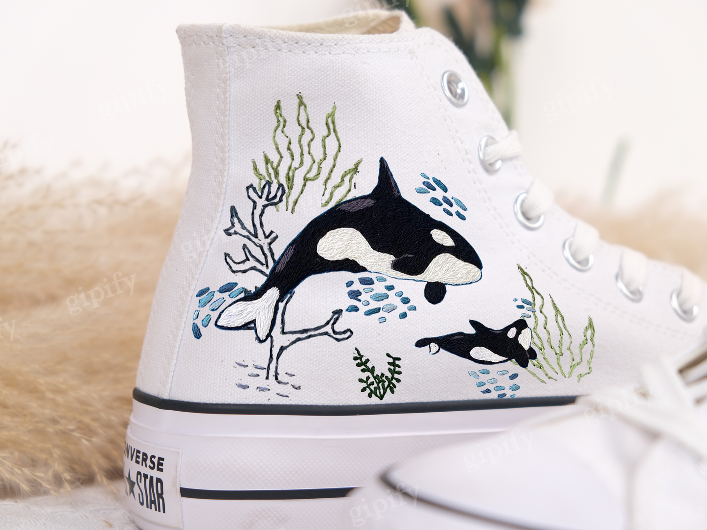 Custom Embroidered Converse High Tops/ Custom Converse Chuck Taylor 1970s Shark Embroidered/ Ocean Vibes Embroidered