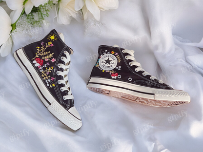 Custom Embroidery, Embroidered Converse High Tops , Mushroom and Flower Garden Embroidered Shoes Custom, Valentine Day Gifts