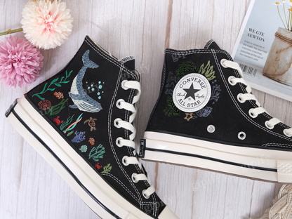 Custom Embroidered Converse High Tops/ Custom Converse Chuck Taylor 1970s Blue Whale Embroidered Shoes/ Ocean Vibes Embroidered