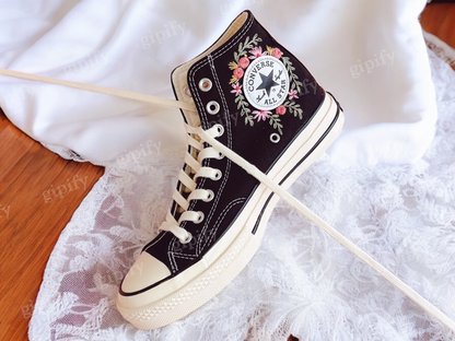 Custom Embroidered Converse Sneakers, Wedding Flowers Embroidered Converse Custom, Flower Embroidered Shoes for Women, Wedding Gift