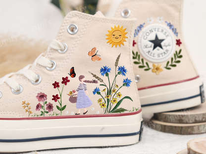 Embroidered Converse Custom Wedding Flower/ Custom Embroidered Converse High Tops Chuck Taylor 1970s/ Embroidered Converse Sunflower Garden