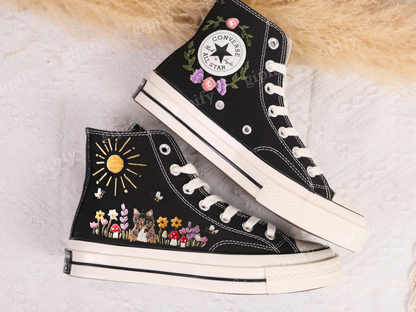 Custom Converse High Tops/Floral Converse/Embroidered Converse Colorful Sunflower And Wildflower Garden/Sunflower Birthday/White Converse