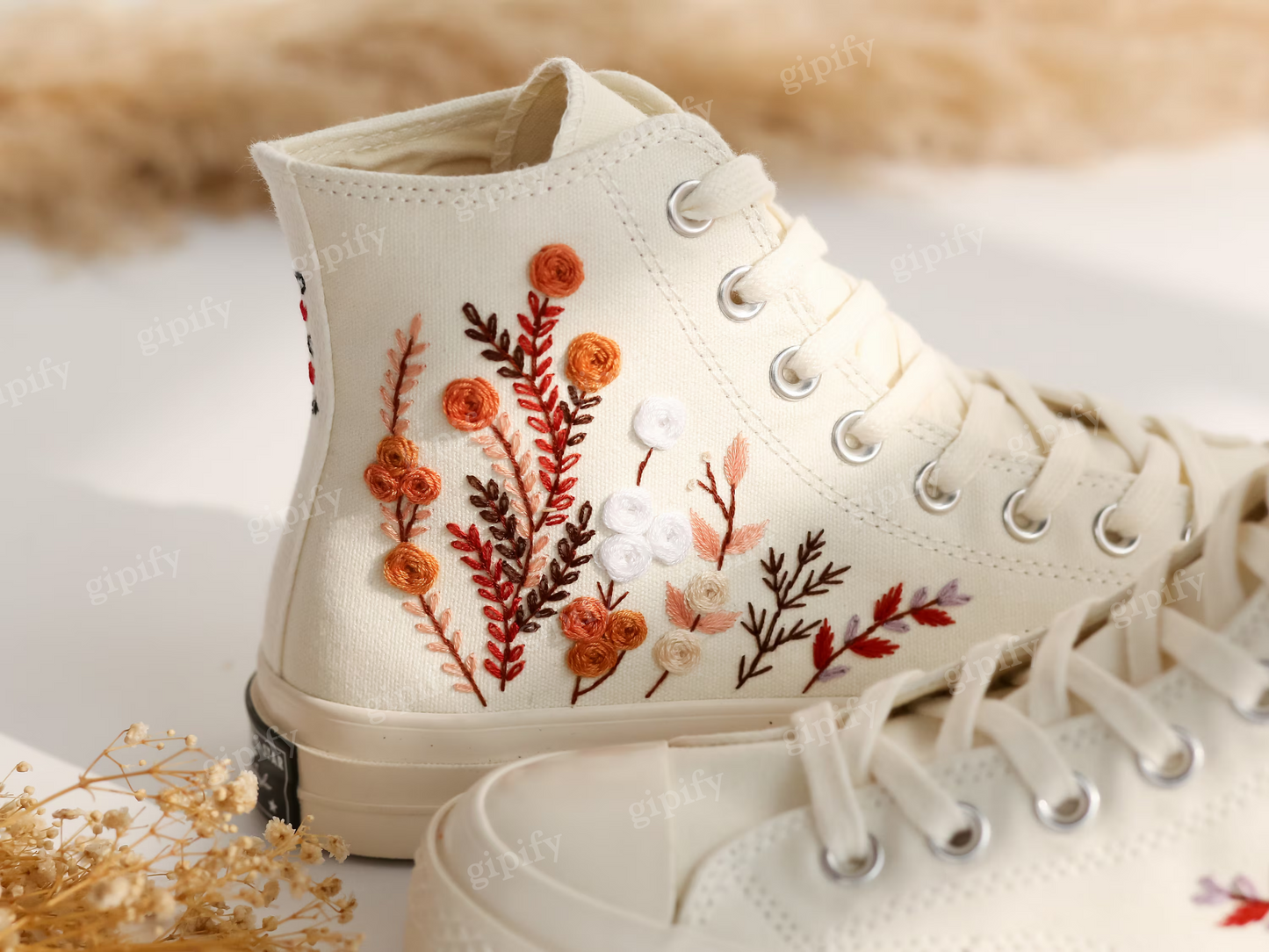 Custom Embroidered Wedding Sneakers, Fall Wedding Flower Embroidered Converse, Burnt Orange Bouquet Embroidered Shoes, Boho Wedding Gifts