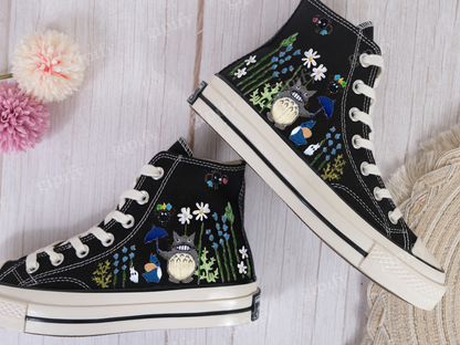 Converse Embroidered Custom Cartoon/Neighbor Totoro Embroidered Converse/Flower Converse, Embroidery Converse Chibi and Gibi