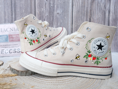 Custom Embroidered Converse Shoes, Strawberry Embroidered Sneakers, Converse Embroidered Bee, Garden Strawberry, Personalized Gifts for Her