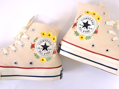 Embroidered Converse/Flower Converse/Custom Converse Pet/Embroidered Converse High Tops Butterfly Cat And Sweet Sunflower Garden