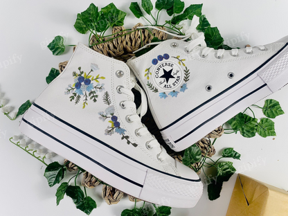 Custom Converse Platform, Wedding Flowers Embroidered Platform Shoes, Converse Embroidered Blue Bouquets, Personalized Bridal Sneaker