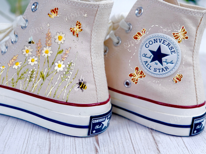 Custom Embroidered Converse High Tops/ Custom Converse Chuck Taylor 1970s Embroidered Daisy Flower/ Wedding sneakers/ Wedding Gift