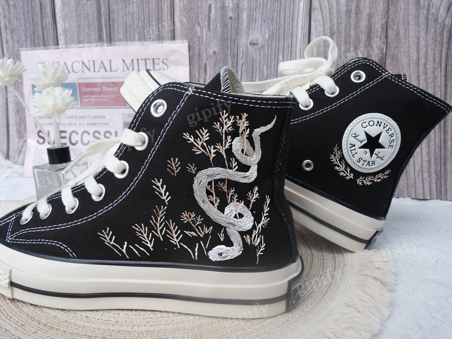 Custom Embroidered Converse High Tops Chuck Taylor 1970s/ Embroidered Snake Converse/ Custom Converse Chuck Taylor Embroidered Snake