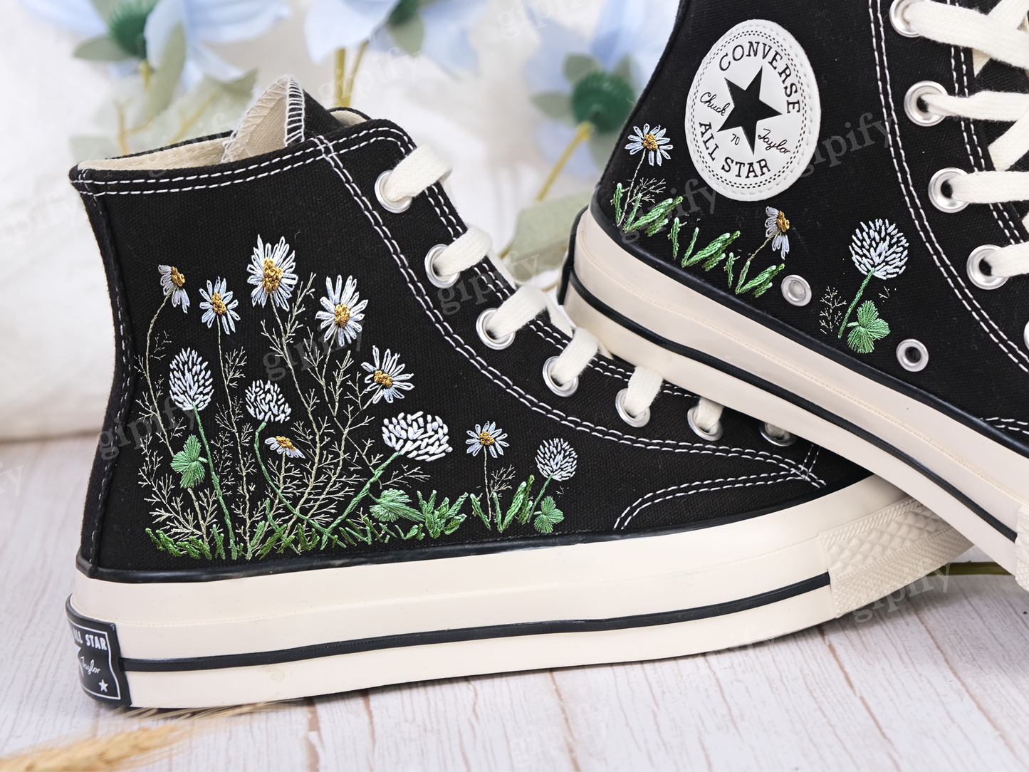 Custom embroidery converse sneakers, Flower Converse, Converse Custom Colorful Daisy Garden, Embroidered Sneakers