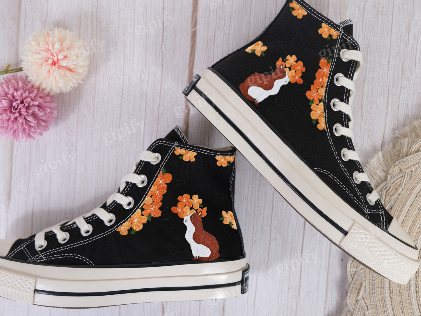 Custom Embroidered Converse Chuck Taylor All Star Shoes/Cat and Flower/1989 Embroidered Sneaker/Flower Embroidery Shoes/Handmade Gifts