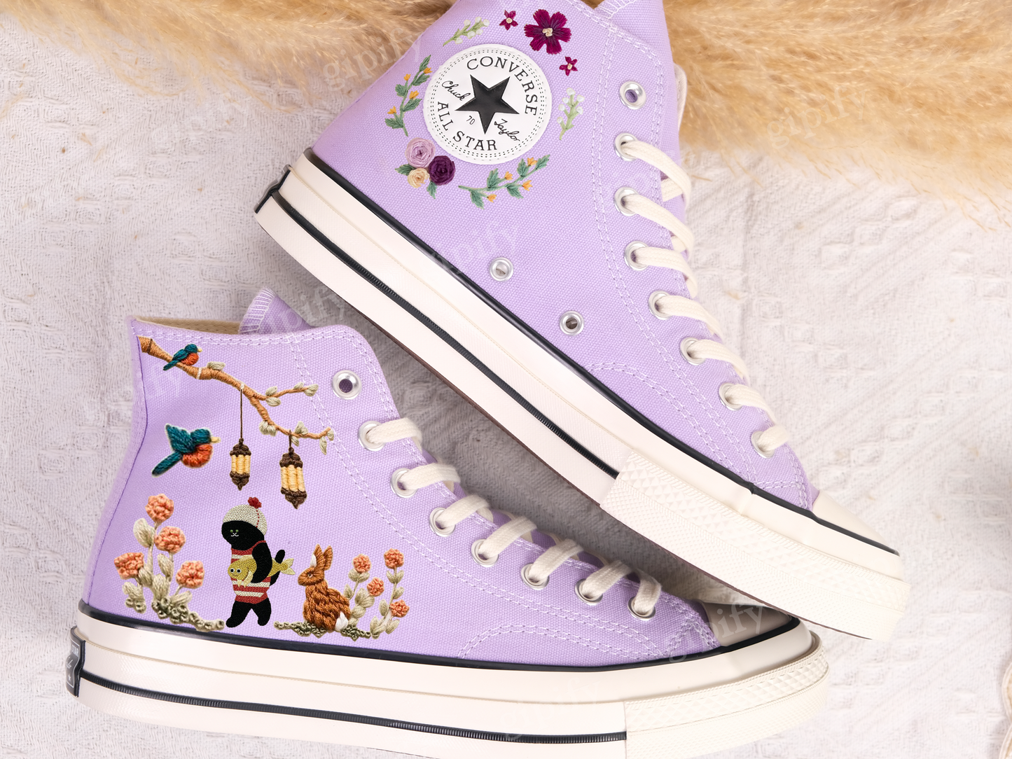 Embroidered Converse/Flower Converse/Custom Converse Pet/Embroidered Converse High Tops Butterfly Cat And Sweet Sunflower Garden