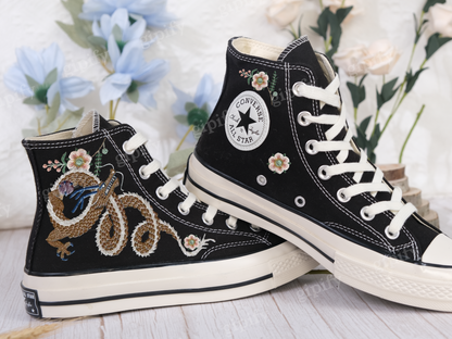 Custom Embroidered Converse High Tops Chuck Taylor 1970s/ Embroidered Snake Converse/ Custom Converse Chuck Taylor Embroidered Snake