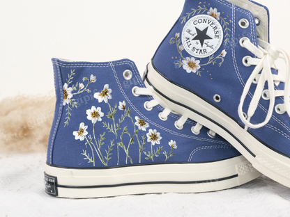 Custom Wedding Sneakers Platform, White Flower Embroidered Converse, Daisy Embroidery Bridal Sneakers, Personalized Bride Shoes Wedding Gift