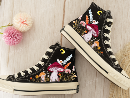 Customized Embroidered Converse High Tops/Mushrooms Embroidered Shoes Women/Gardens Flowers and Cat Embroidered Converse/Gifts for Her