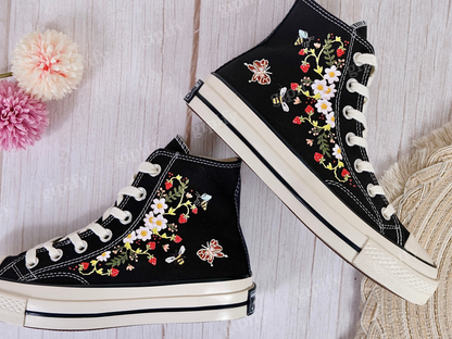 Strawberry Converse Shoes/1970s Converse High Top Chuck Taylor Shoes Embroidered with Red Strawberry Garden and Sweet White Flowers