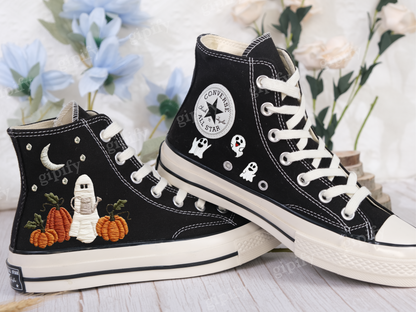 Custom embroidered sneakers, Ghost and pumpkin embroidered sneakers, Halloween Vibes embroidered sneakers, Personalized bridal sneakers